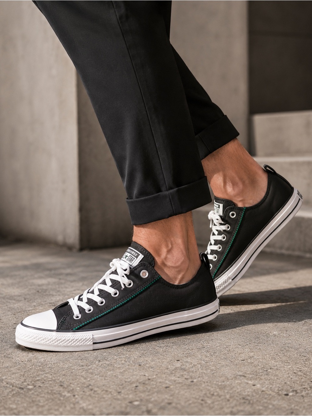 Converse Low Top Sneakers in Black with White and Green Trim